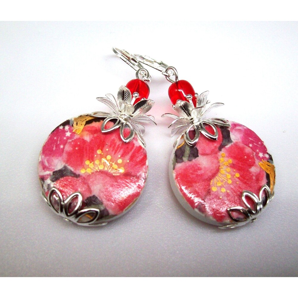 Decoupage Earrings Dangle, Silver, Boho, Handmade Jewelry,